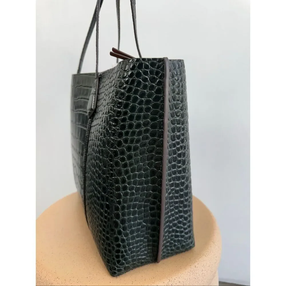 Tory Burch Perry Deep Kelp Green Embossed Triple Compartment Tote Bag